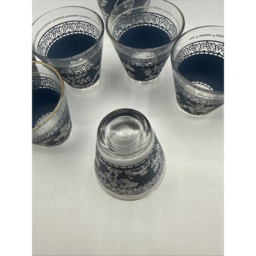 Vintage Hazel Atlas Arabian Knights Cocktail Shaker & 6 Glasses Blue Barware